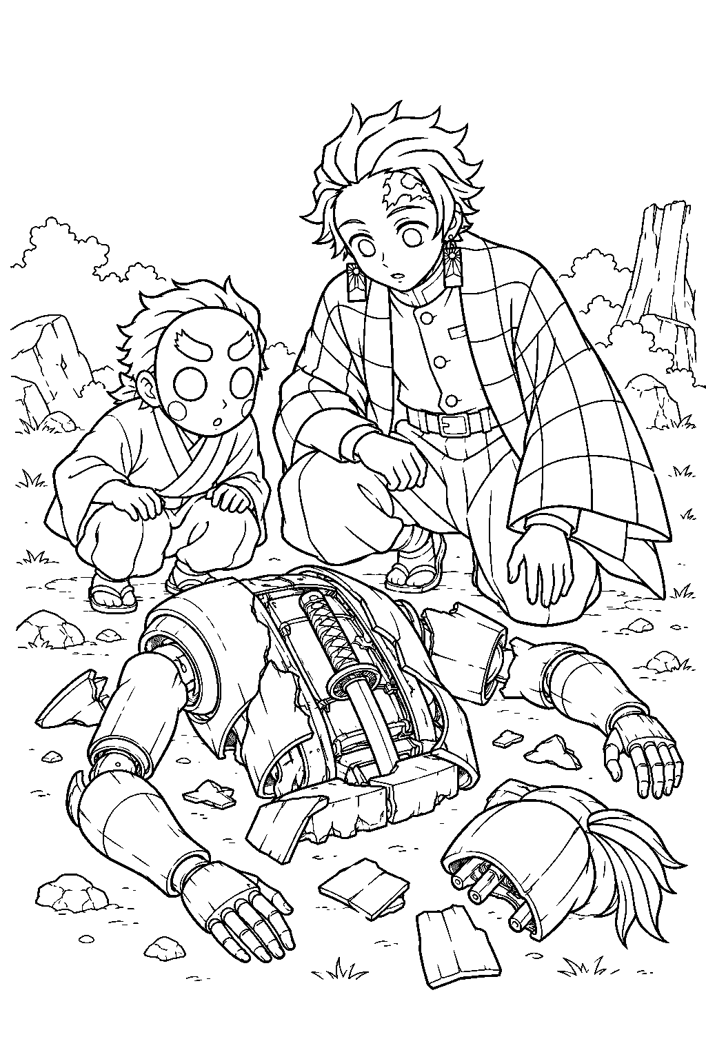 tanjiro and kotetsu discovering the ancient sword inside yoriichi type zero line art