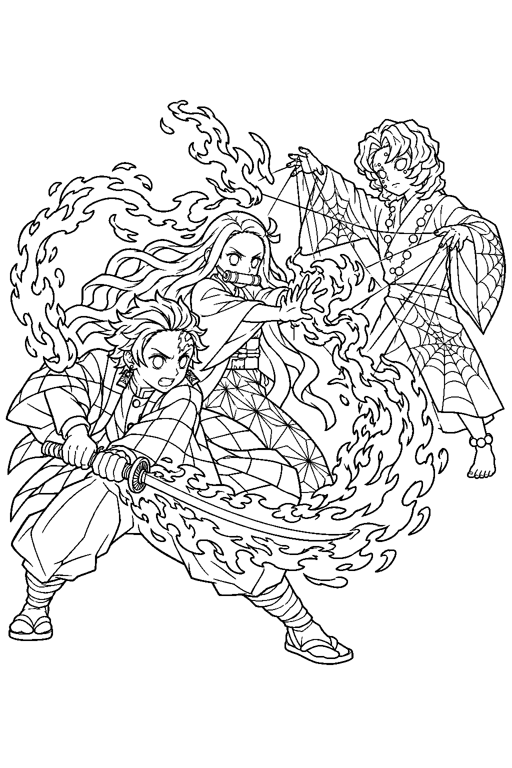 tanjiro and nezuko combining hinokami kagura and blood demon art against rui line art