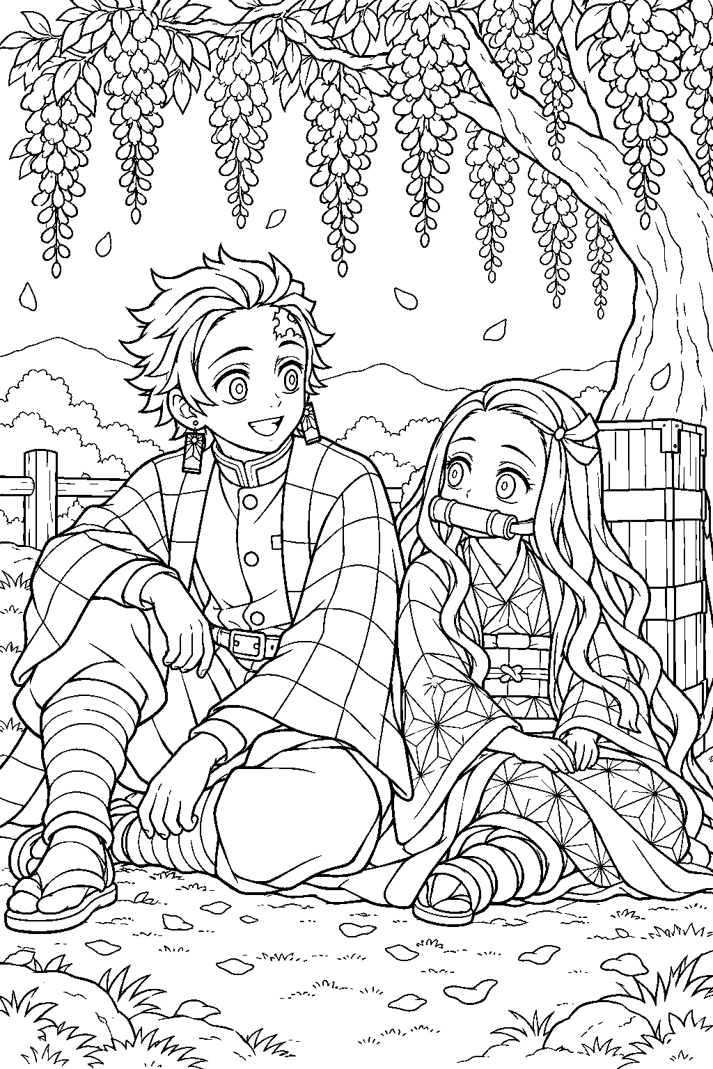 tanjiro and nezuko resting beside her wooden box under a wisteria tree line art