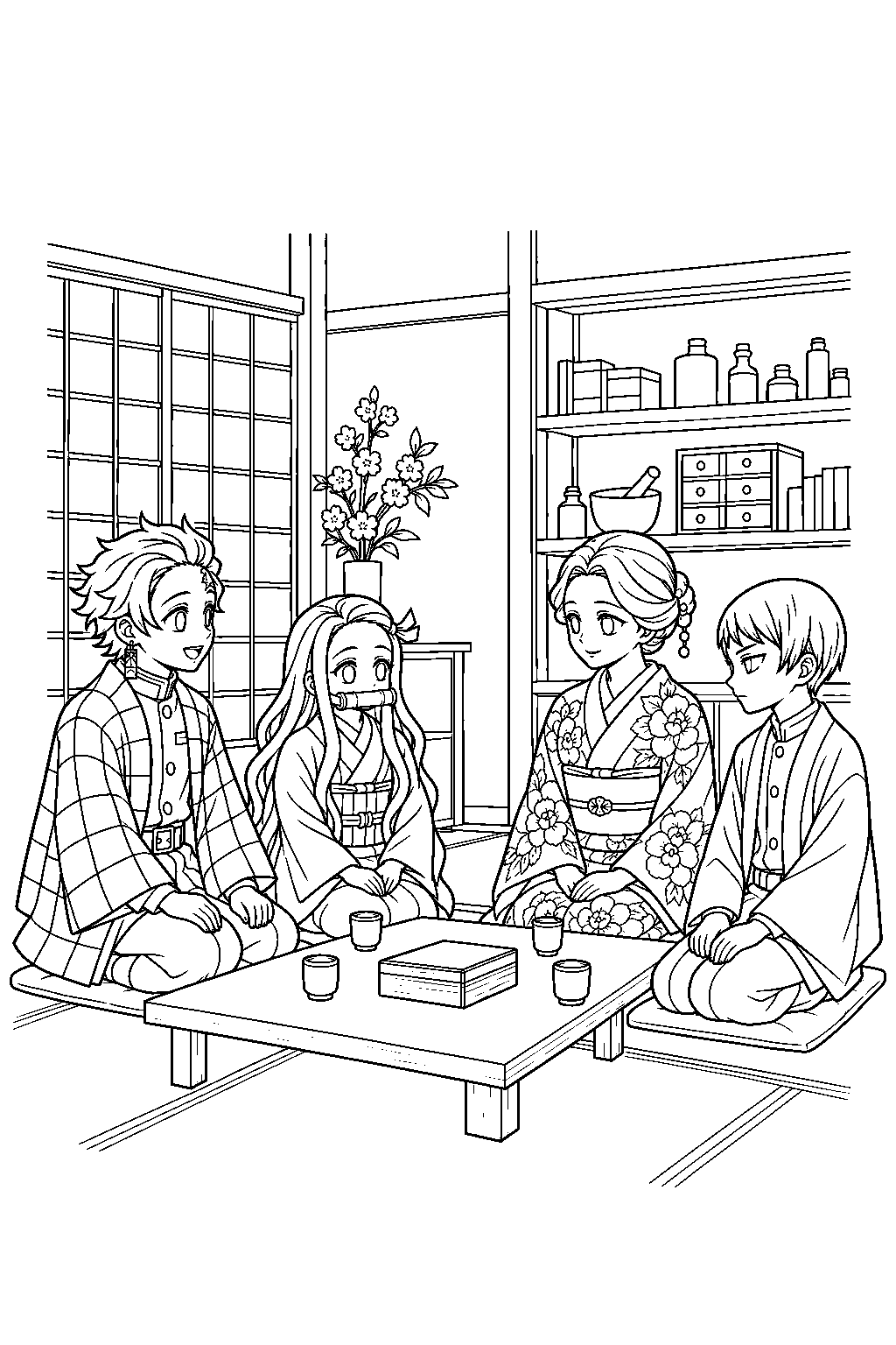tanjiro and nezuko visiting tamayo and yushiro s hidden clinic line art