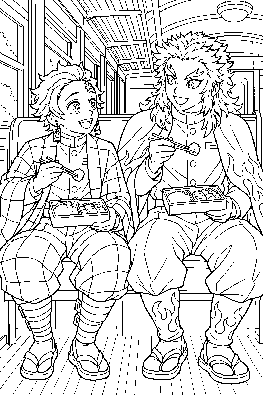 tanjiro and rengoku sharing bento boxes aboard the mugen train line art