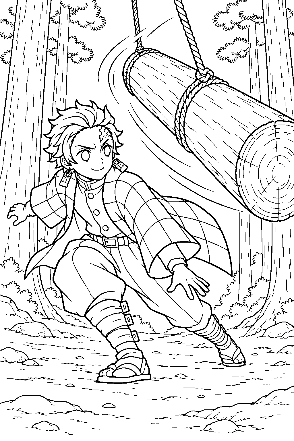 tanjiro avoiding a swinging log trap on mount sagiri line art