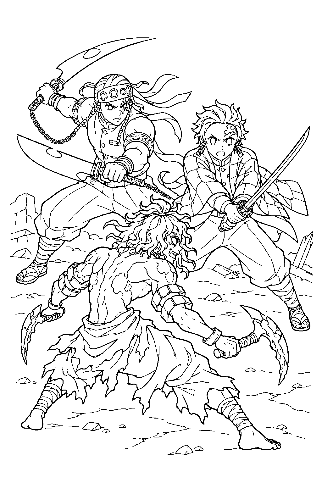 tanjiro awakening his demon slayer mark while battling gyutaro beside tengen line art