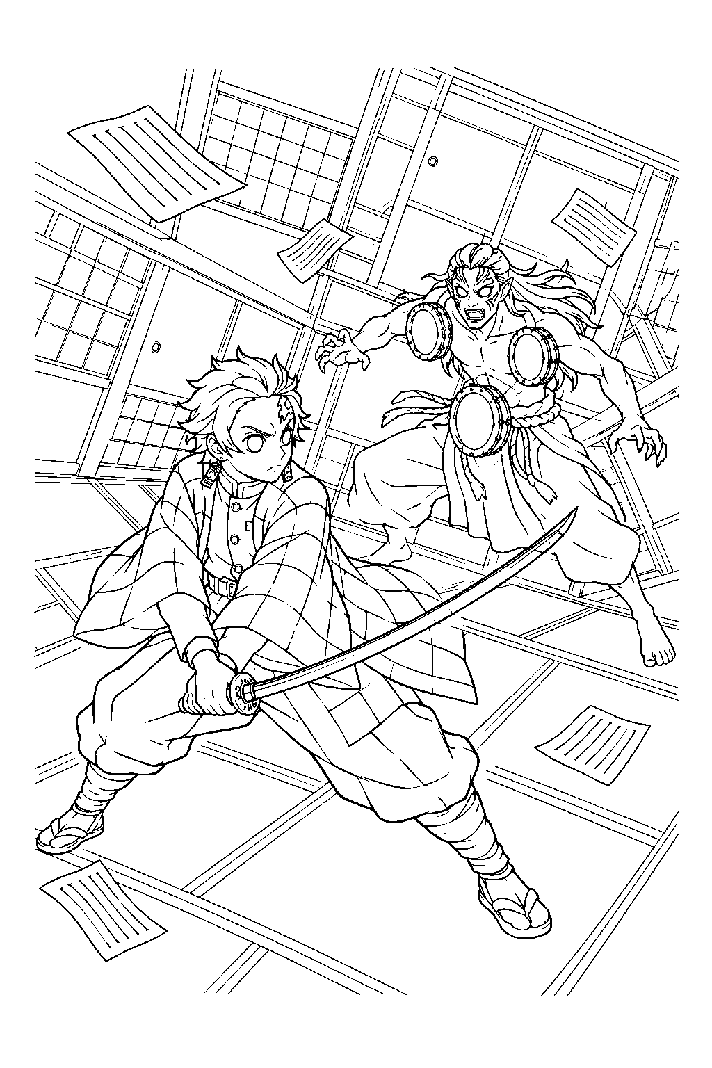 tanjiro balancing in kyogai s rotating room among floating manuscripts line art