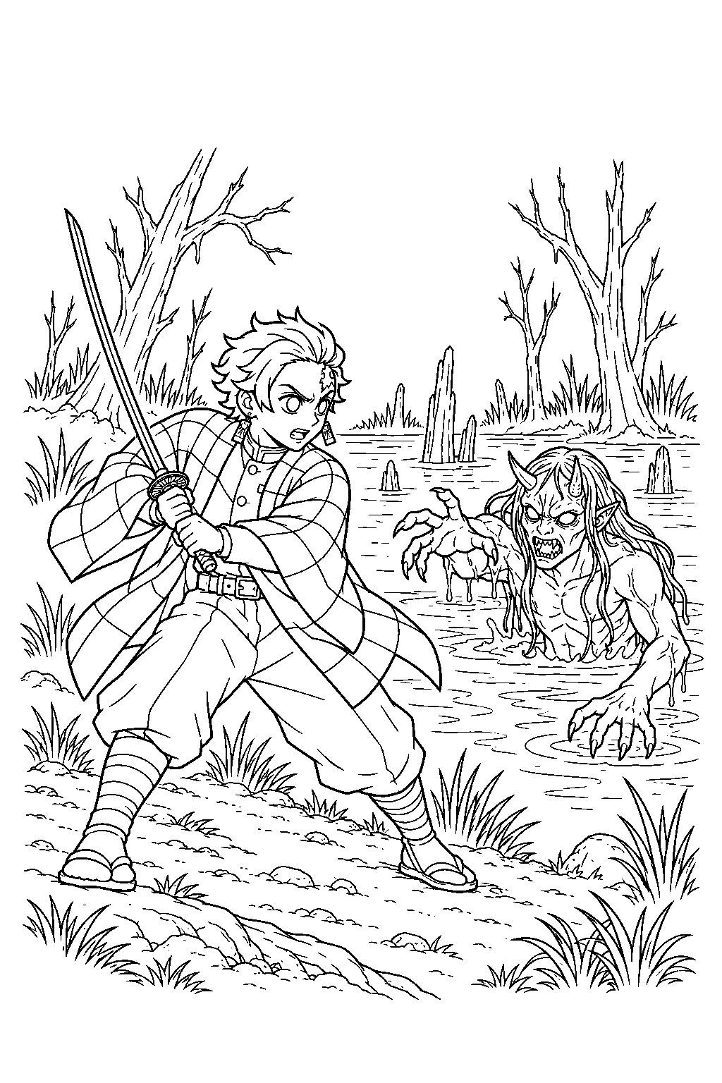 tanjiro battling the swamp demon at the edge of a dark bog line art