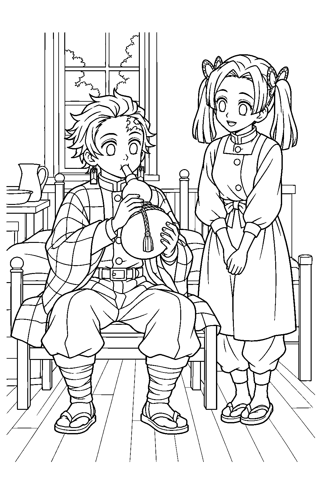 tanjiro blowing into a training gourd beside aoi at the butterfly mansion line art