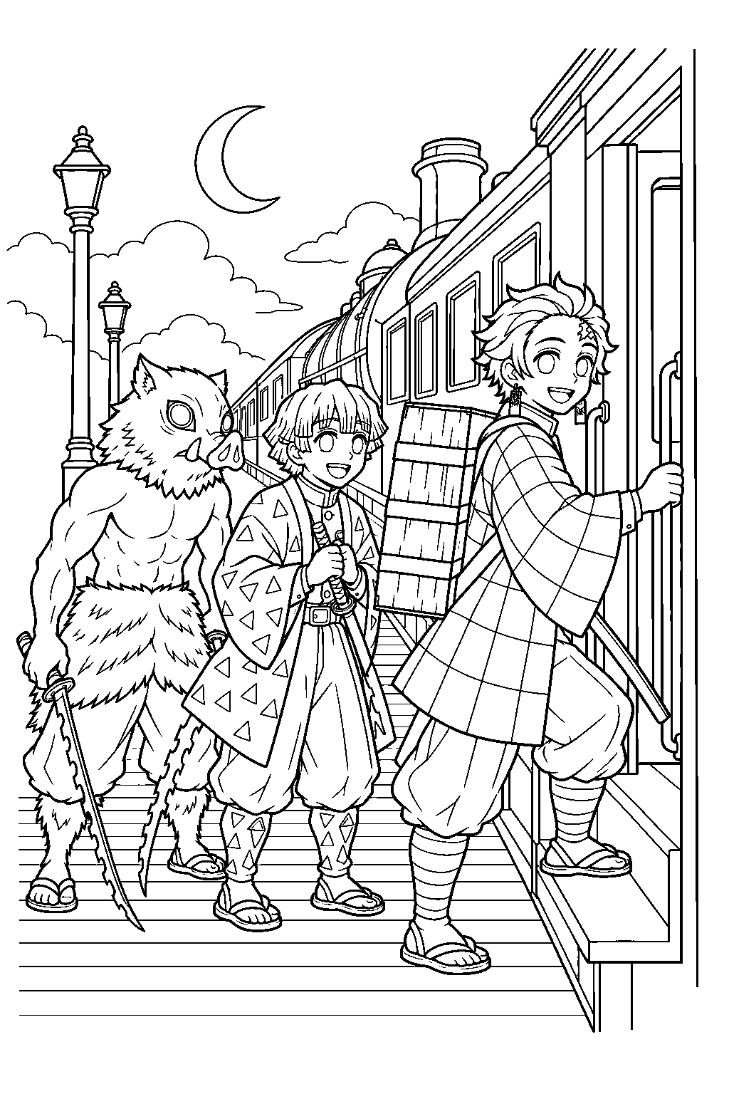 tanjiro boarding the mugen train with zenitsu and inosuke at night line art