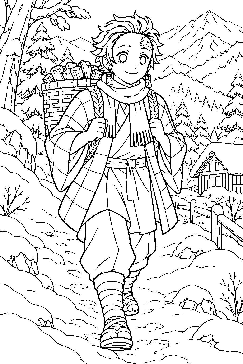 tanjiro carrying a charcoal basket down the snowy mountain line art