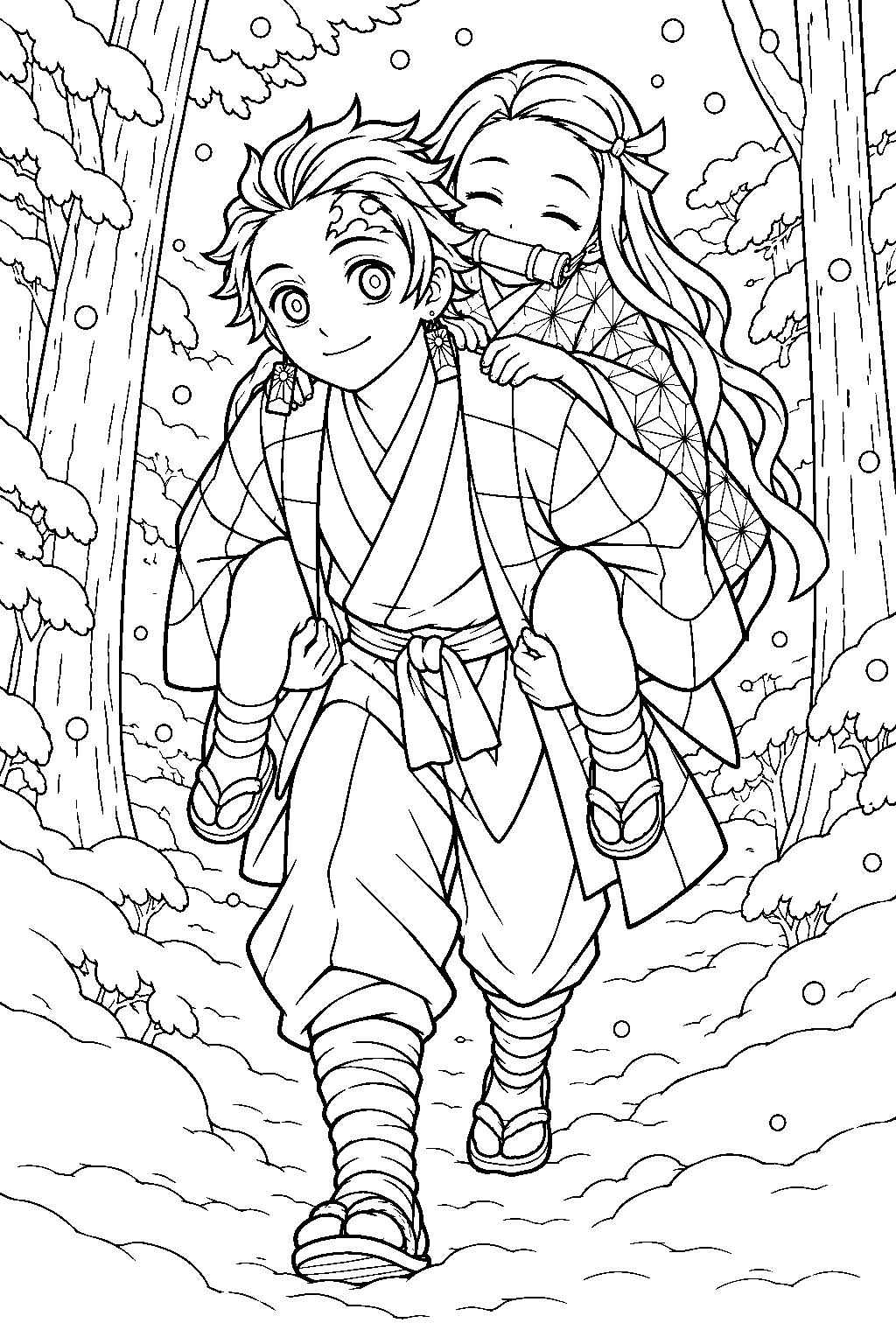 tanjiro carrying nezuko on his back through the snowy forest line art
