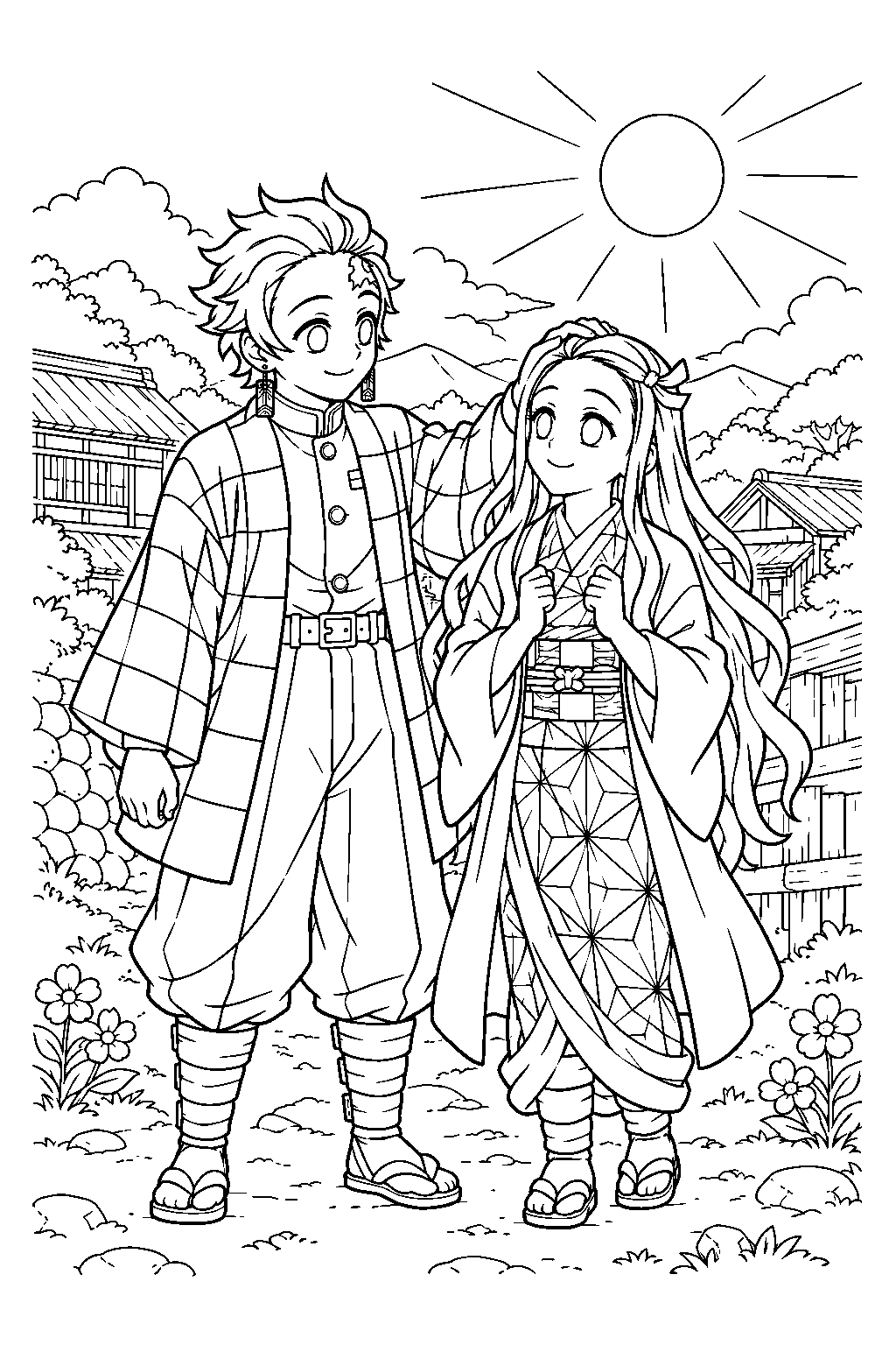 tanjiro celebrating nezuko s first morning in sunlight at the swordsmith village line art