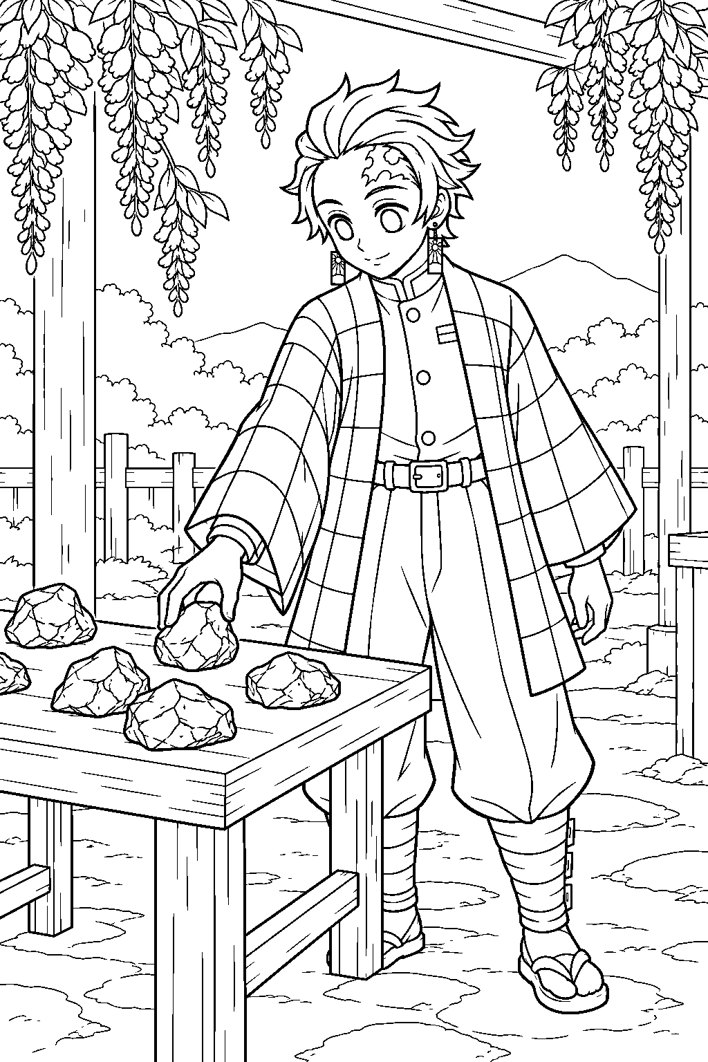 tanjiro choosing ore for his first nichirin sword after final selection line art