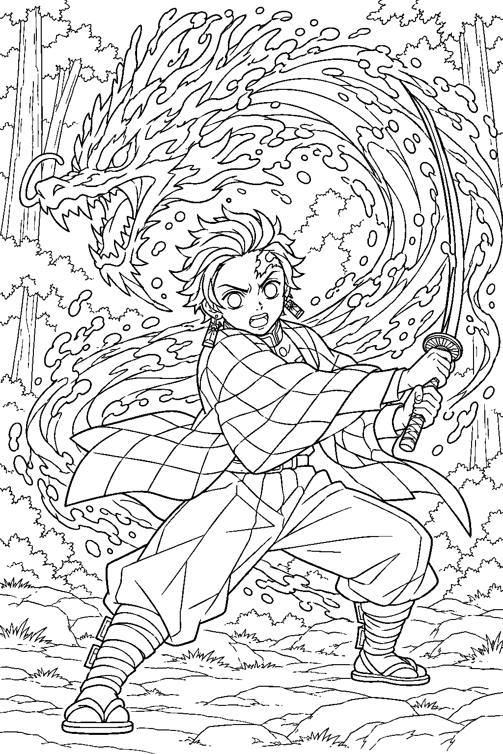 tanjiro creating a water dragon with constant flux on mount natagumo line art