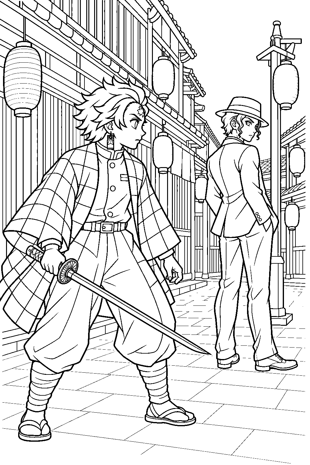 tanjiro discovering muzan among the lanterns on the streets of asakusa line art