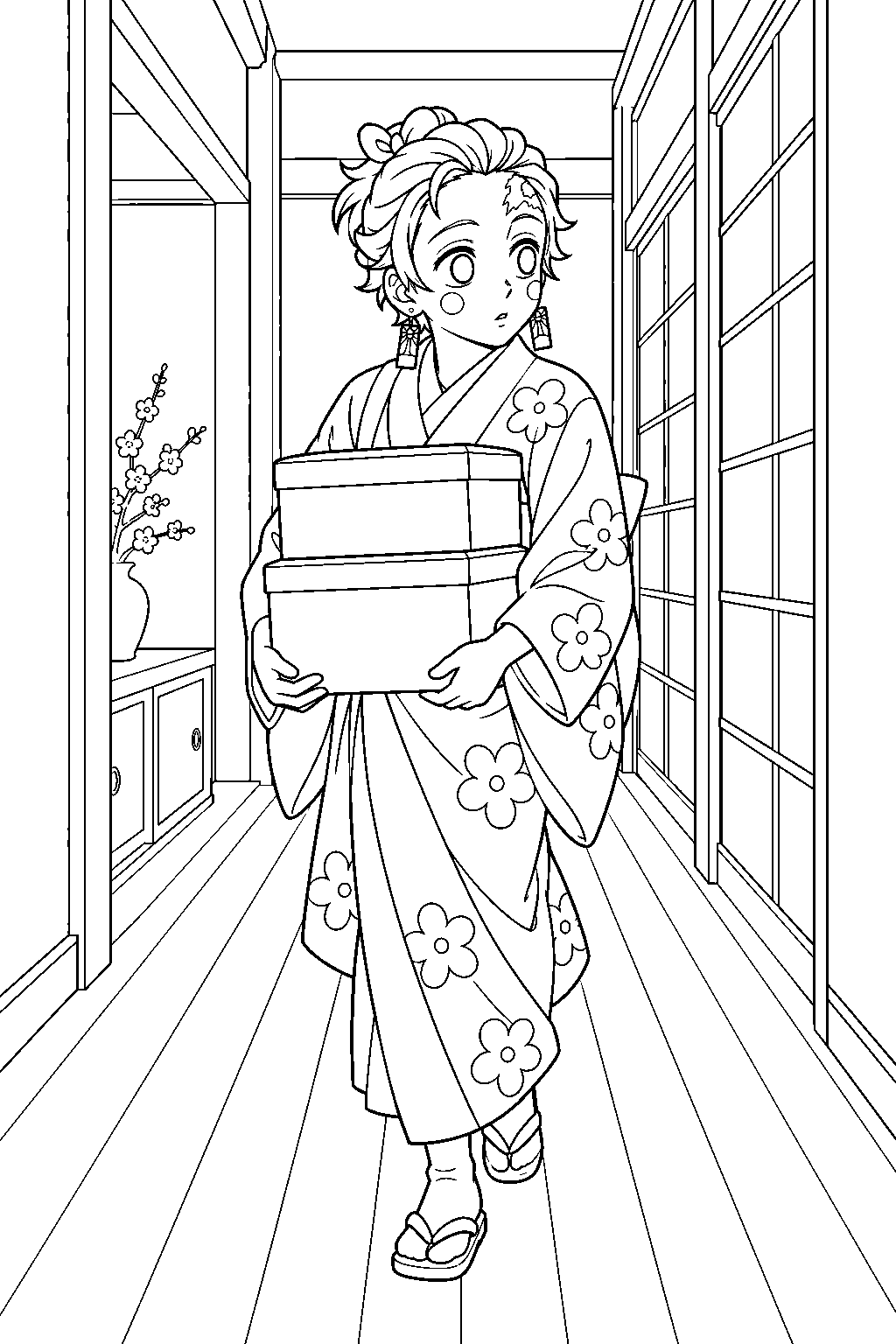 tanjiro disguised as sumiko carrying boxes through the tokito house line art