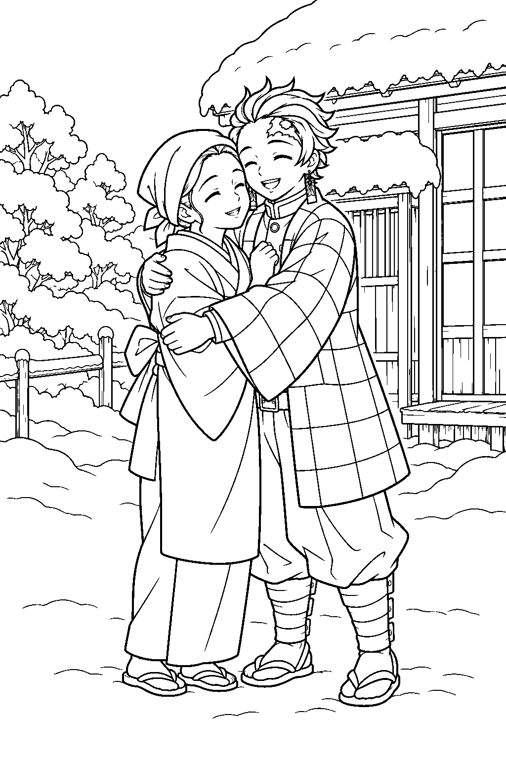 tanjiro embracing his mother outside the snowy family home in his mugen train dream line art