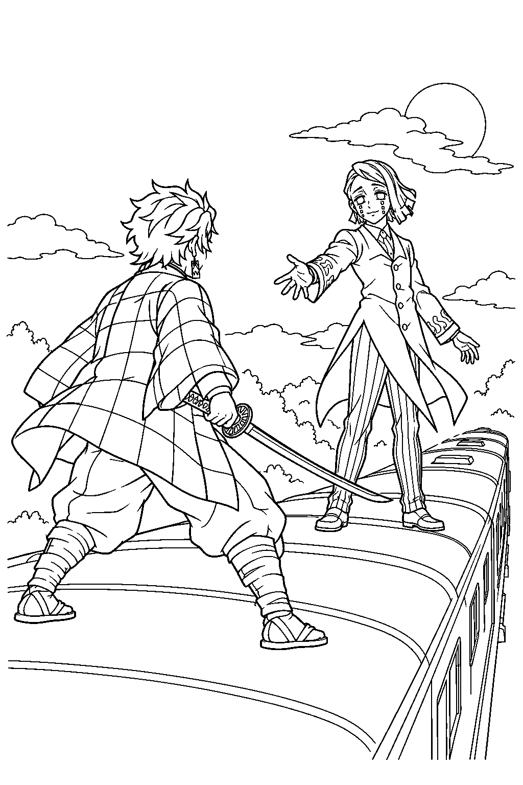 tanjiro facing enmu on the roof of the mugen train line art