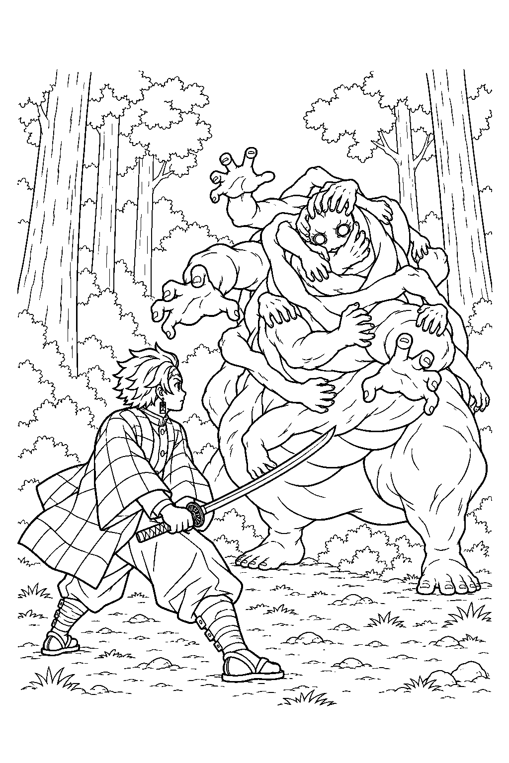 tanjiro facing the hand demon among the trees of mount fujikasane line art