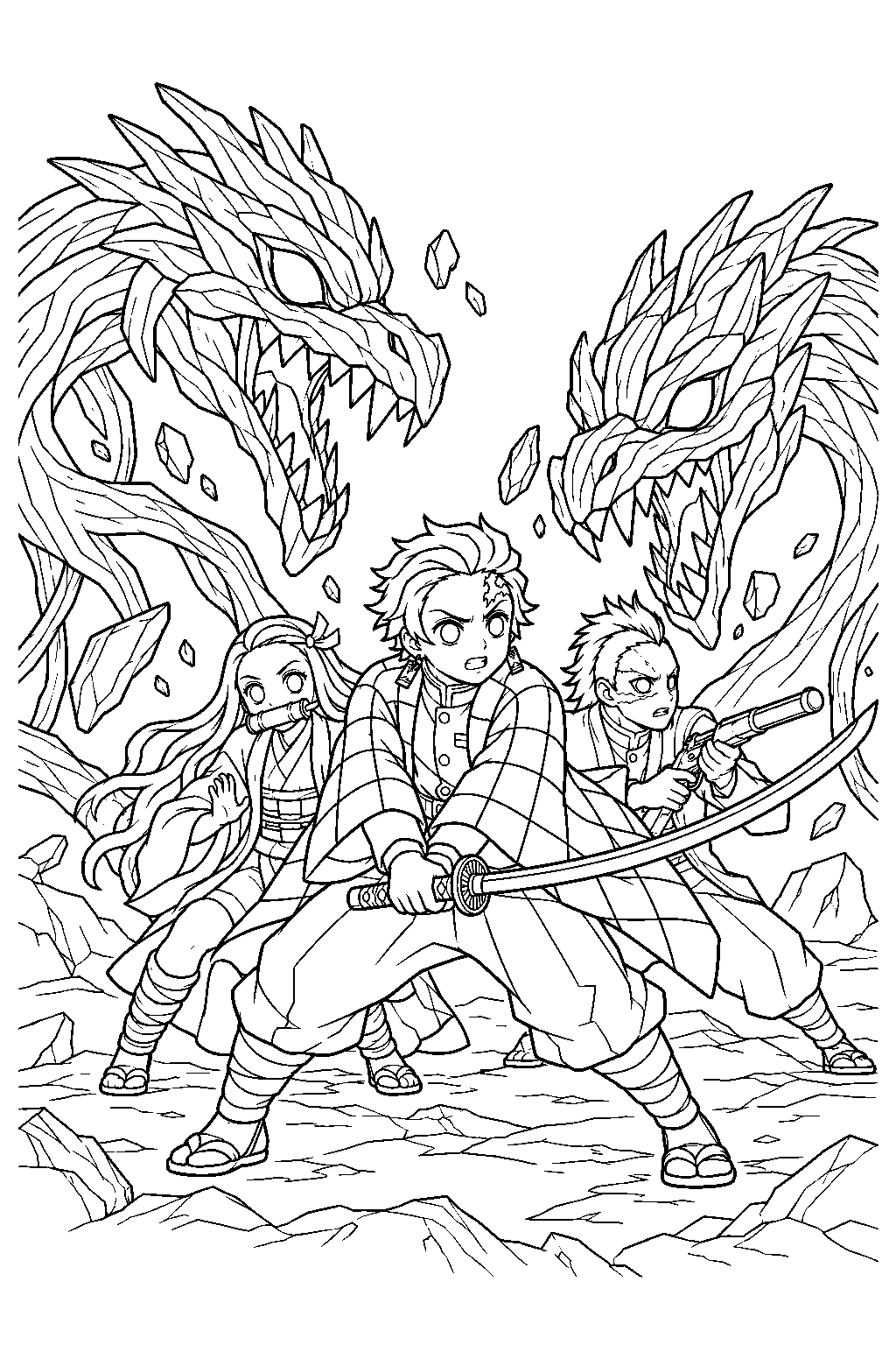 tanjiro facing zohakuten s wooden dragons with nezuko and genya line art