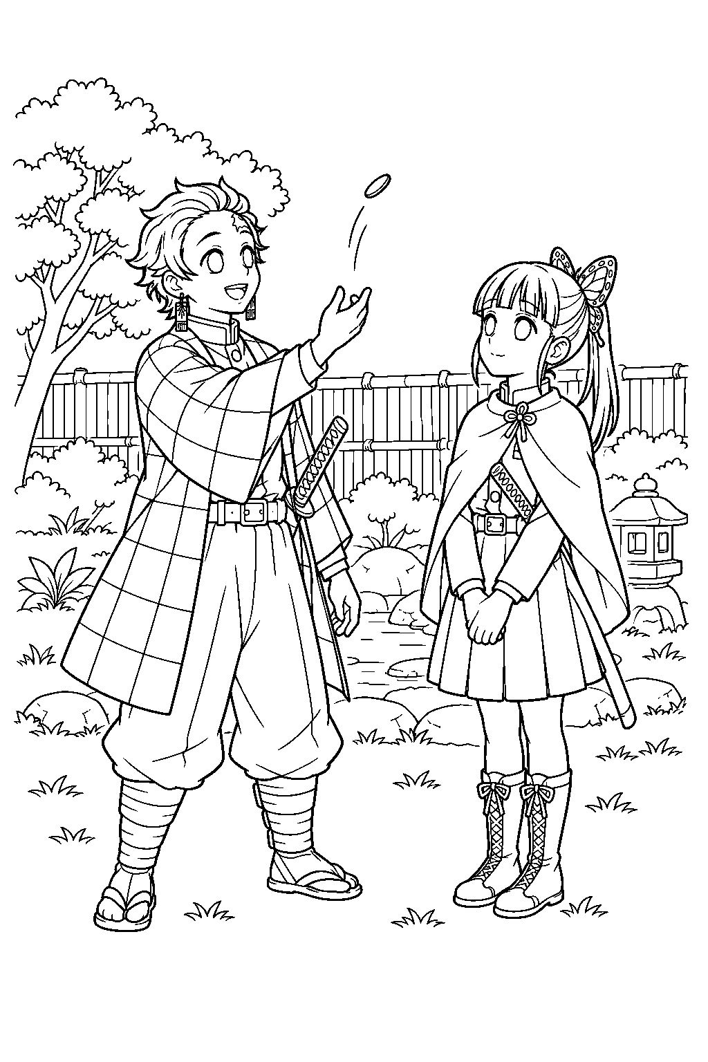 tanjiro flipping kanao s coin in the butterfly mansion garden line art