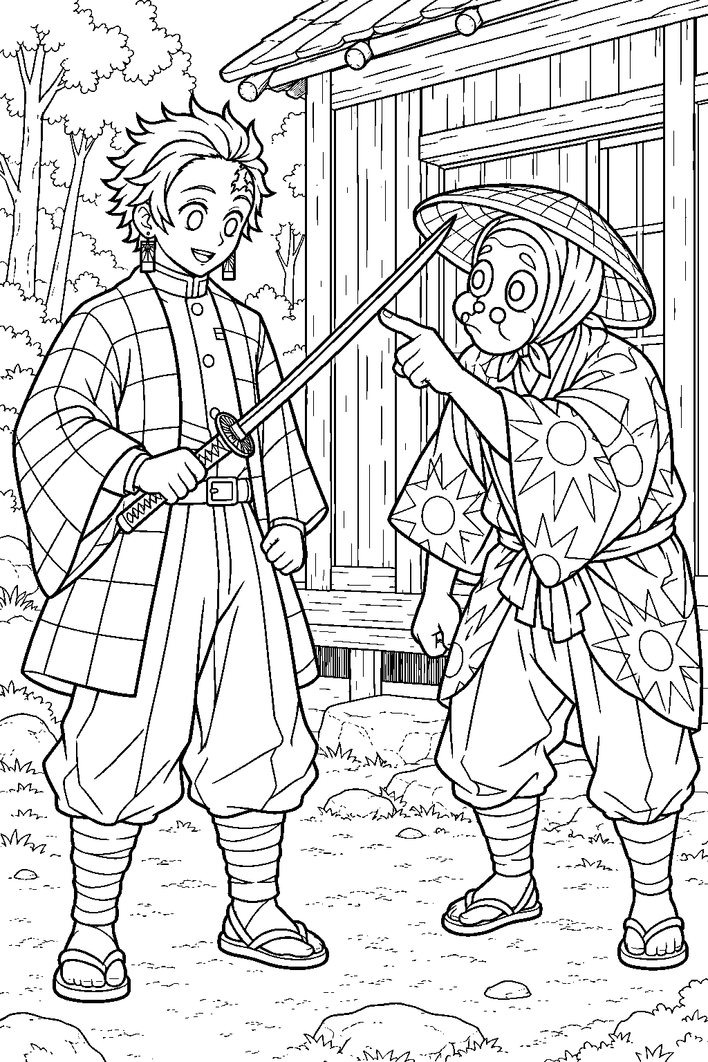 tanjiro inspecting his first nichirin sword with haganezuka at urokodaki s cabin line art