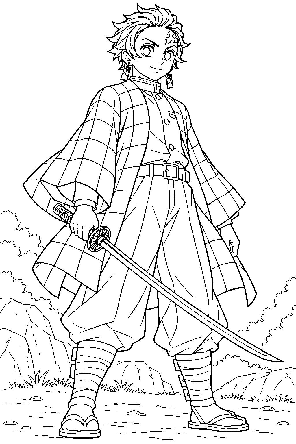 tanjiro kamado holding his nichirin sword in his checkered haori line art