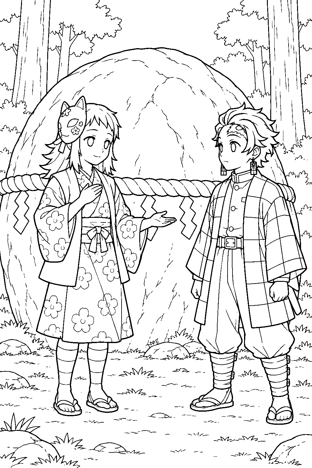 tanjiro learning breathing techniques from makomo beside the giant training boulder line art