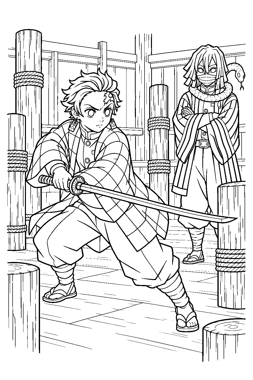 tanjiro navigating obanai s sword training course in the dojo line art