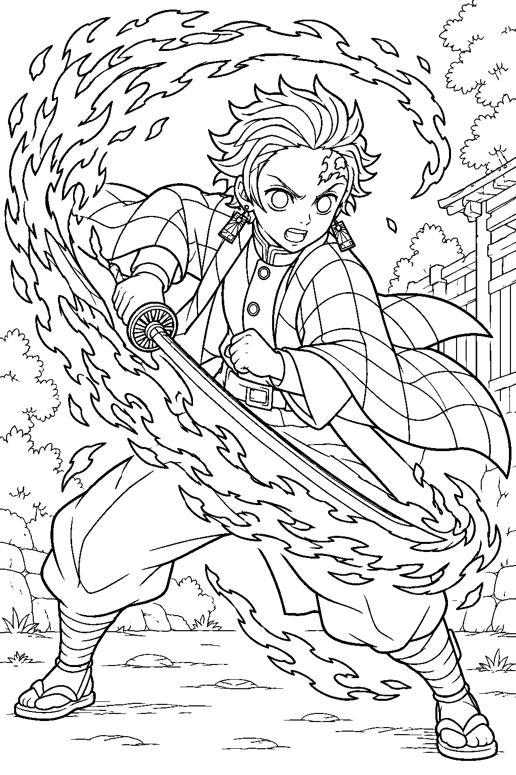 tanjiro performing sun breathing hinokami kagura with flames around his sword line art