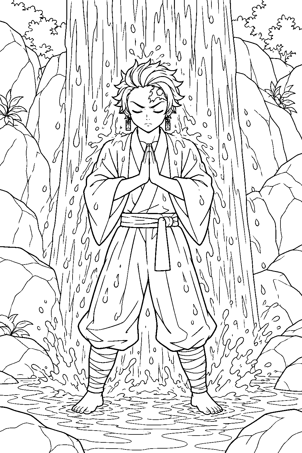 tanjiro practicing breathing beneath a waterfall on mount sagiri line art
