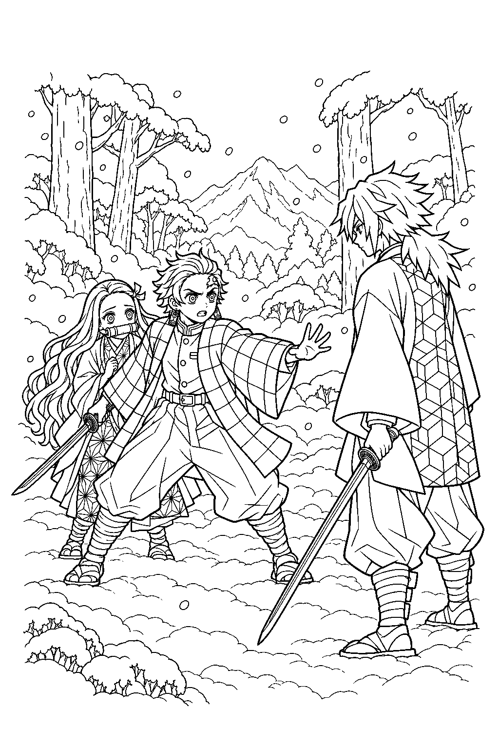 tanjiro protecting nezuko from giyu on the snowy mountain line art