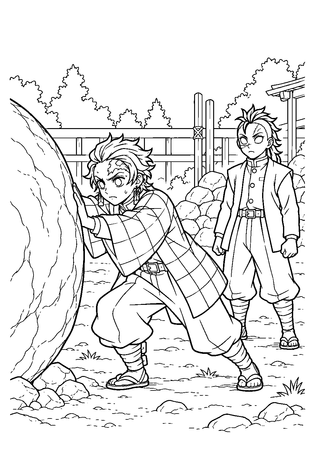 tanjiro pushing gyomei s training boulder as genya watches line art