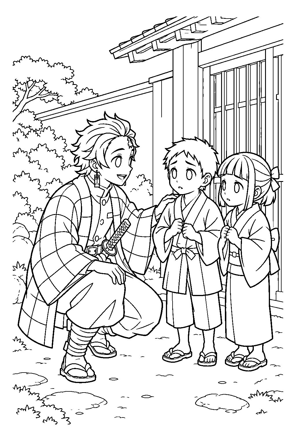 tanjiro reassuring shoichi and teruko outside the tsuzumi mansion line art