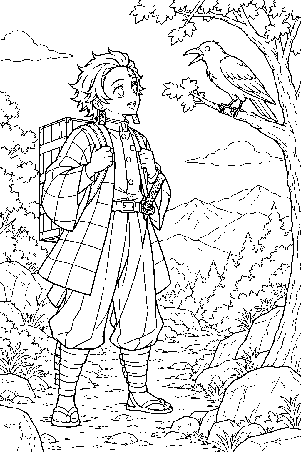 tanjiro receiving a mission from his kasugai crow on a mountain trail line art