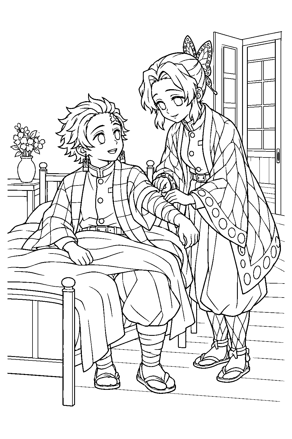 tanjiro recovering under shinobu s care at the butterfly mansion line art