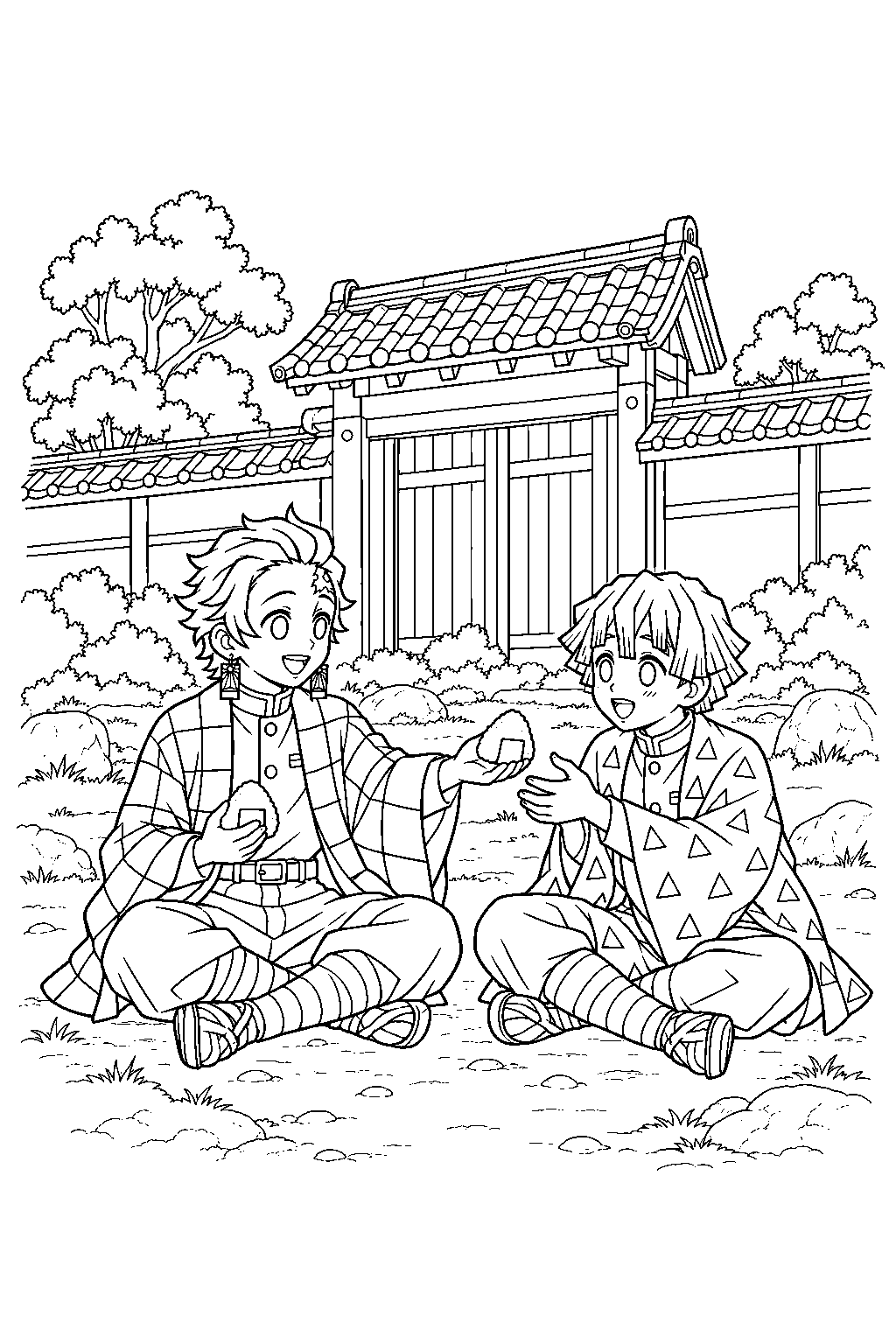 tanjiro sharing a rice ball with zenitsu outside the tsuzumi mansion line art