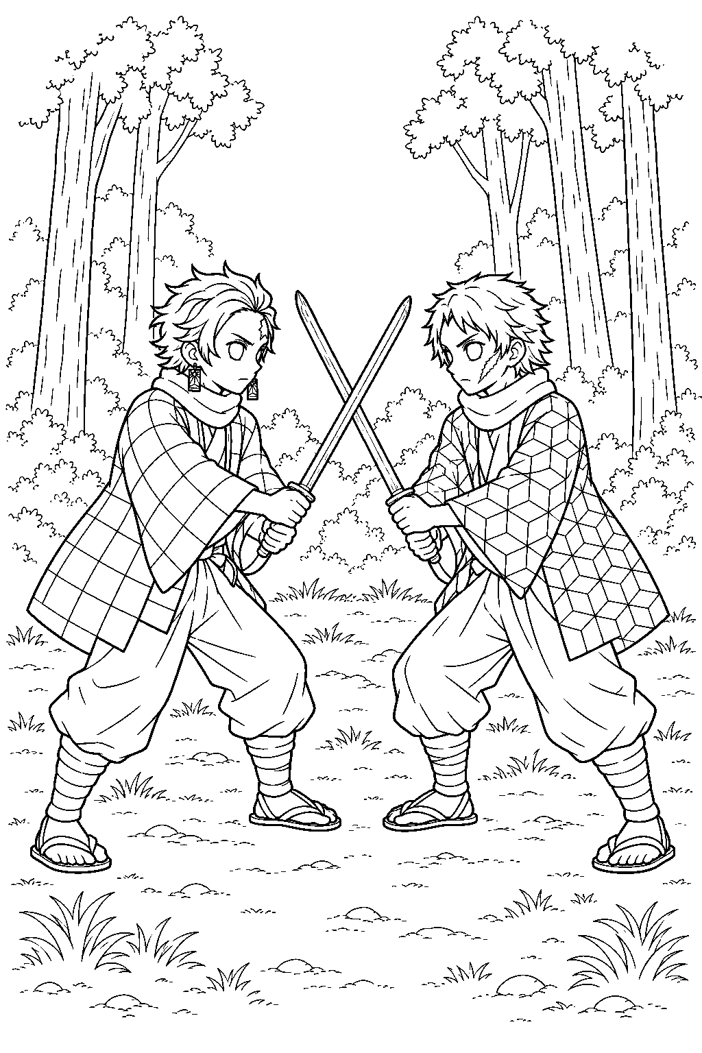 tanjiro sparring with sabito using wooden swords in a forest clearing line art