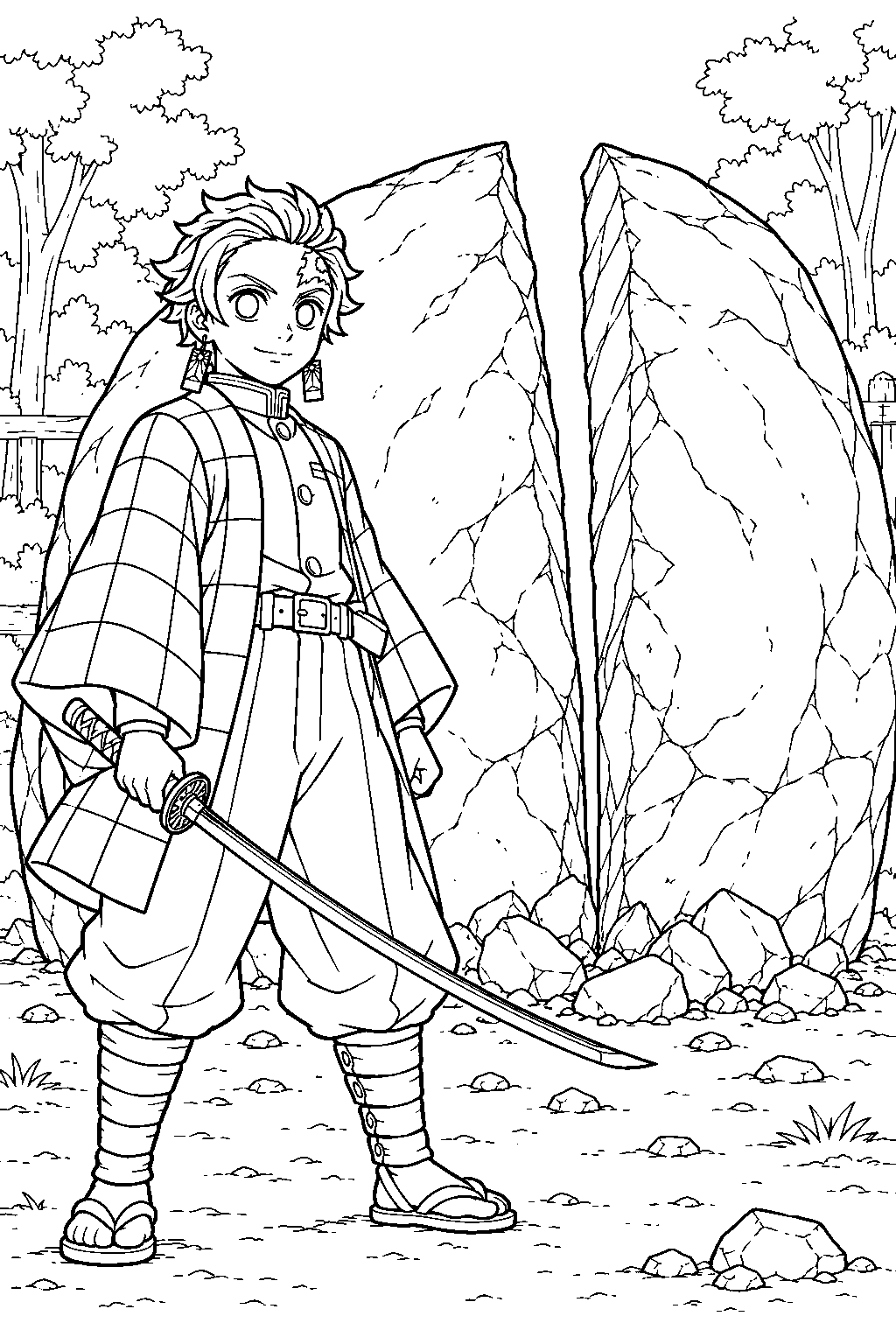 tanjiro splitting the giant training boulder with his sword line art