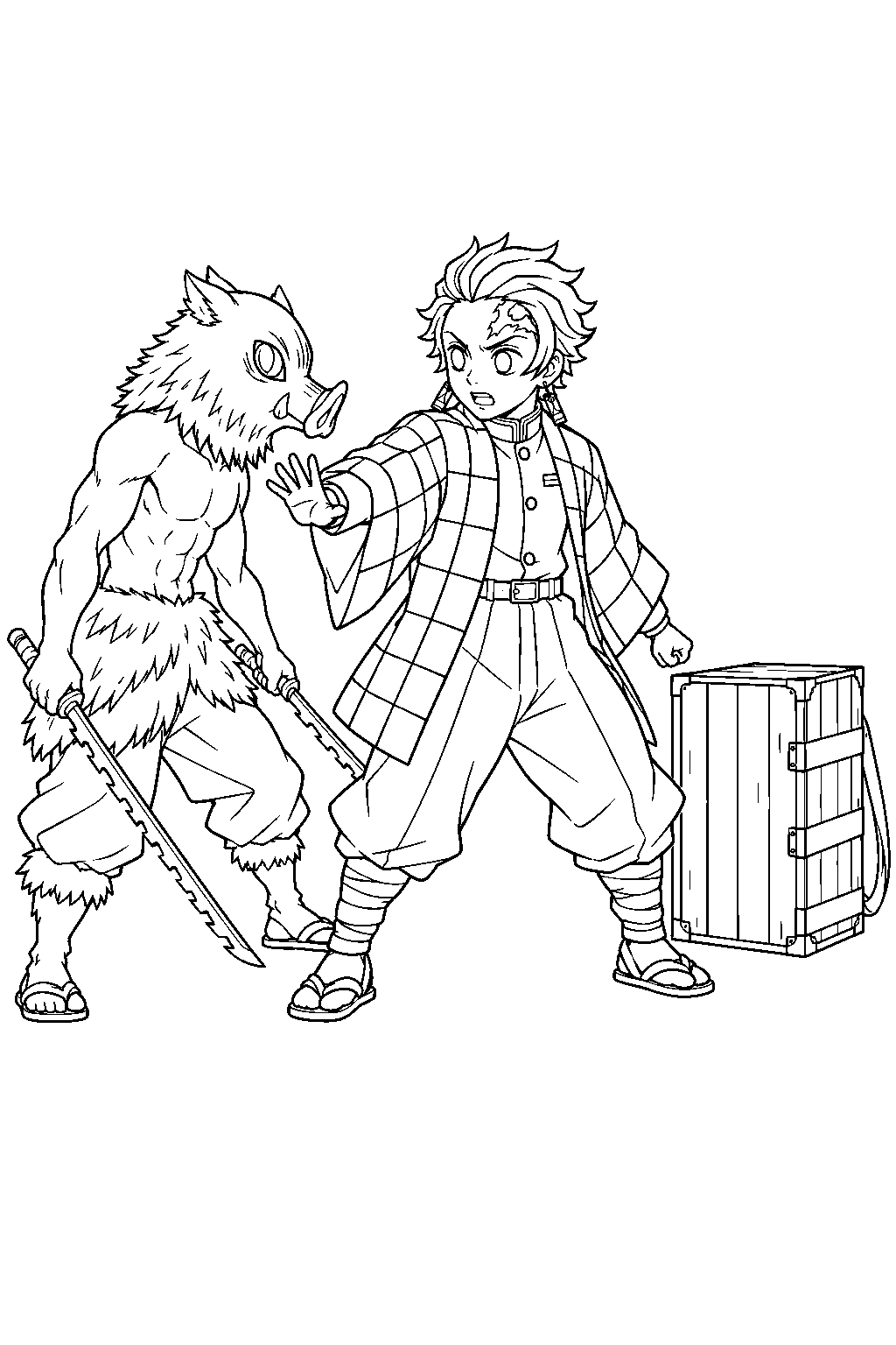 tanjiro stopping inosuke from attacking nezuko s wooden box line art