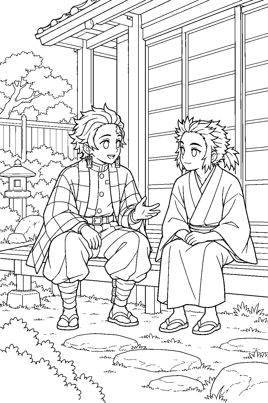 tanjiro talking with senjuro at the rengoku family estate line art