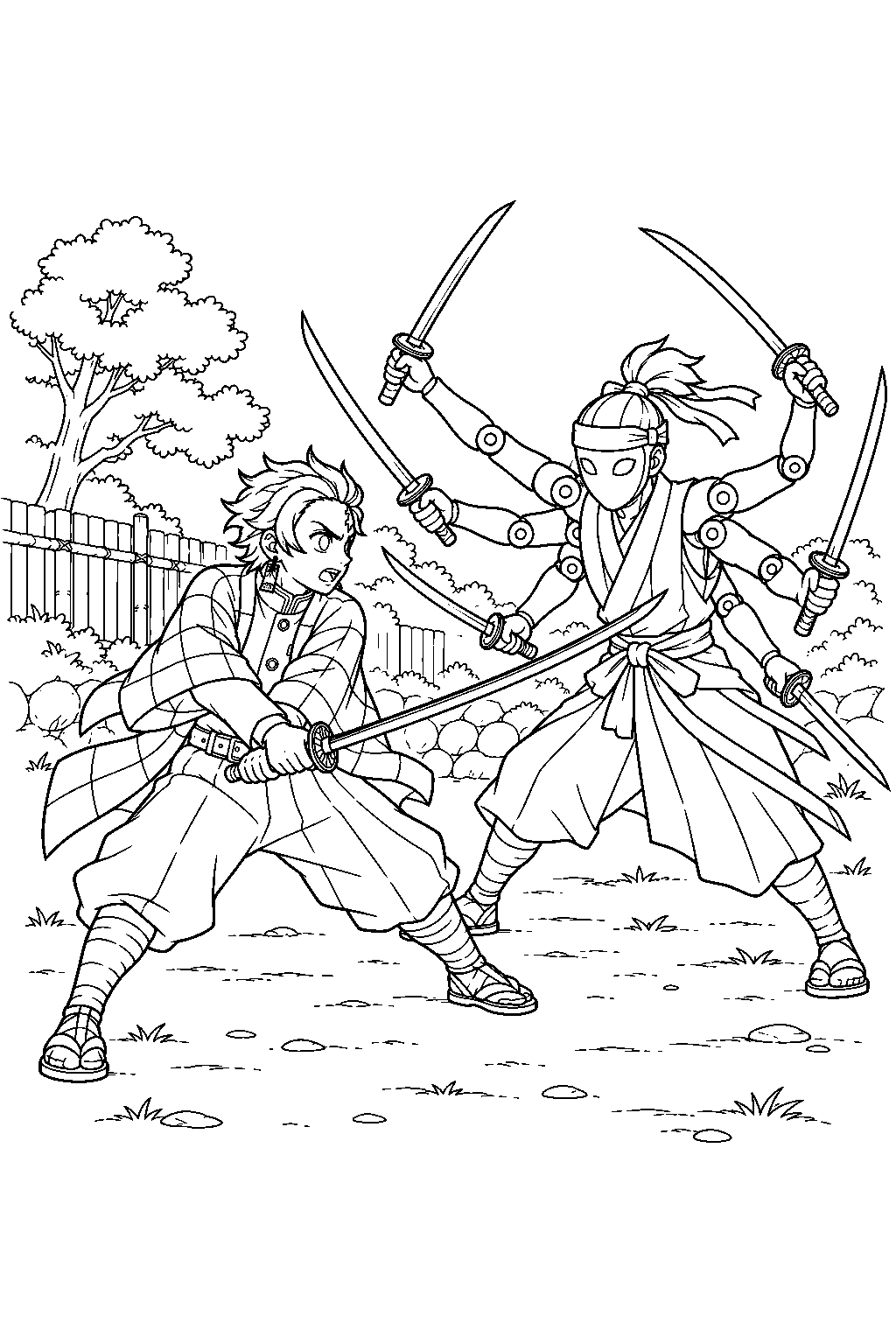 tanjiro training with the six armed yoriichi type zero doll line art