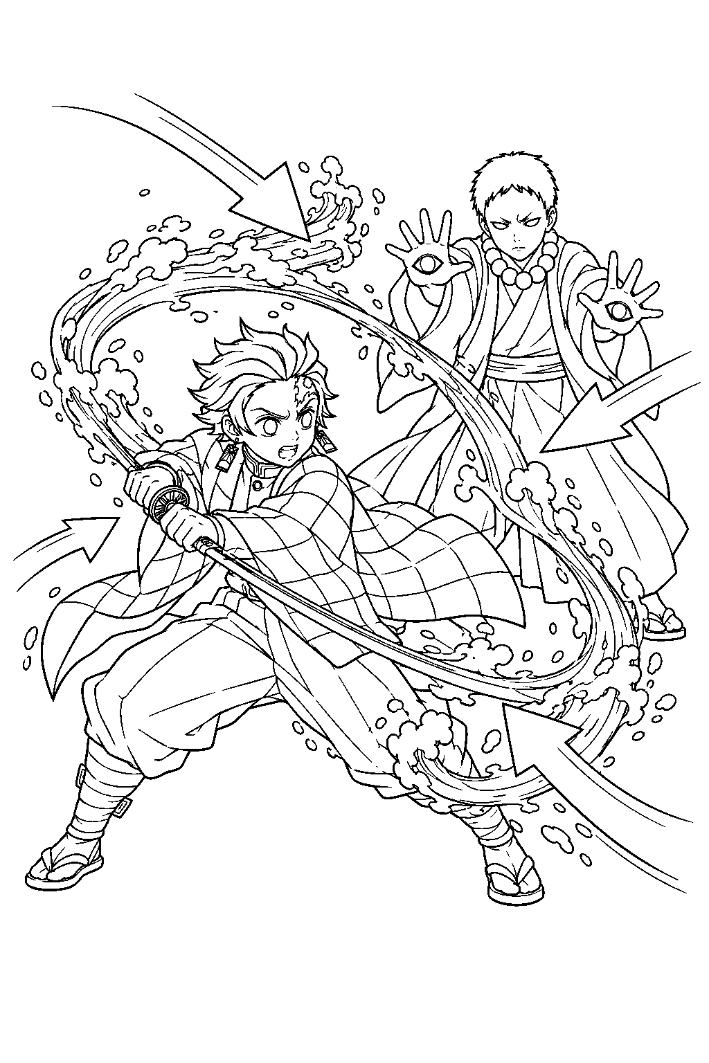 tanjiro using water breathing against yahaba s directional arrows line art