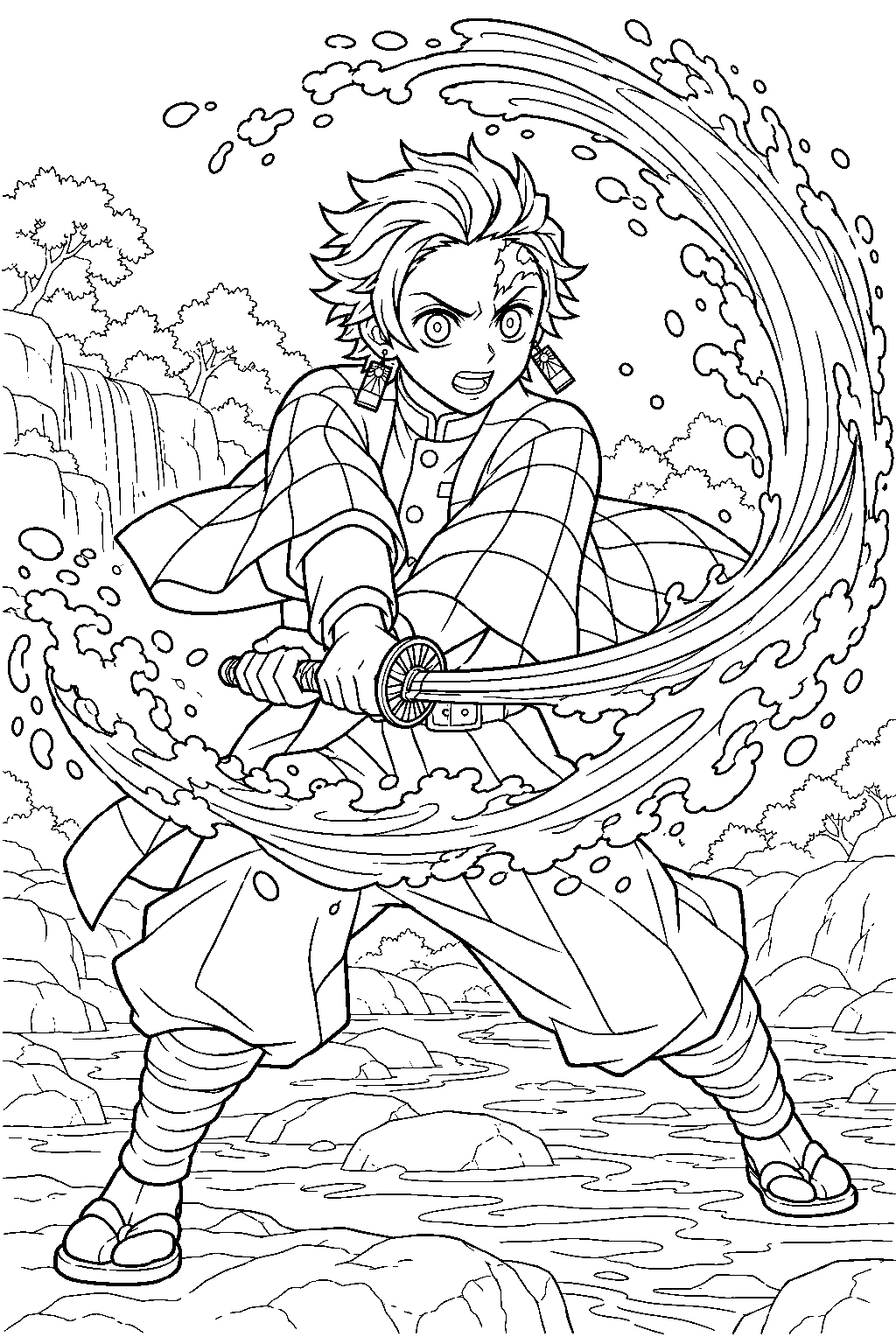 tanjiro using water breathing with a sweeping wave around his sword line art