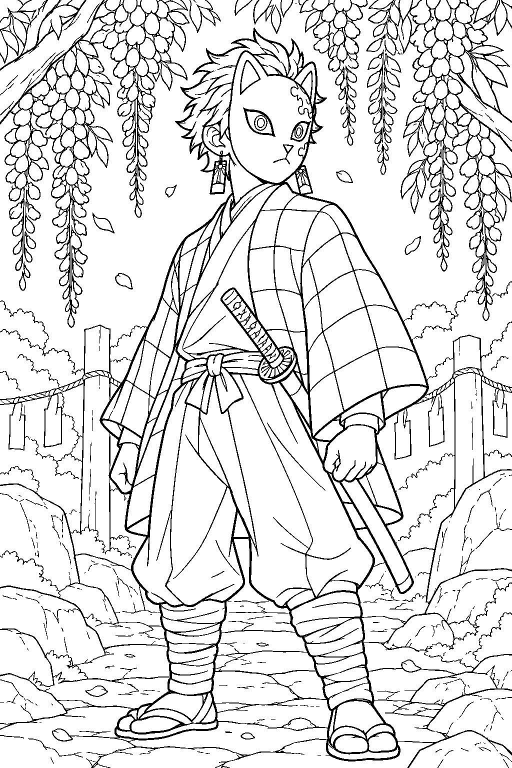 tanjiro wearing his fox mask beneath the wisteria at final selection line art