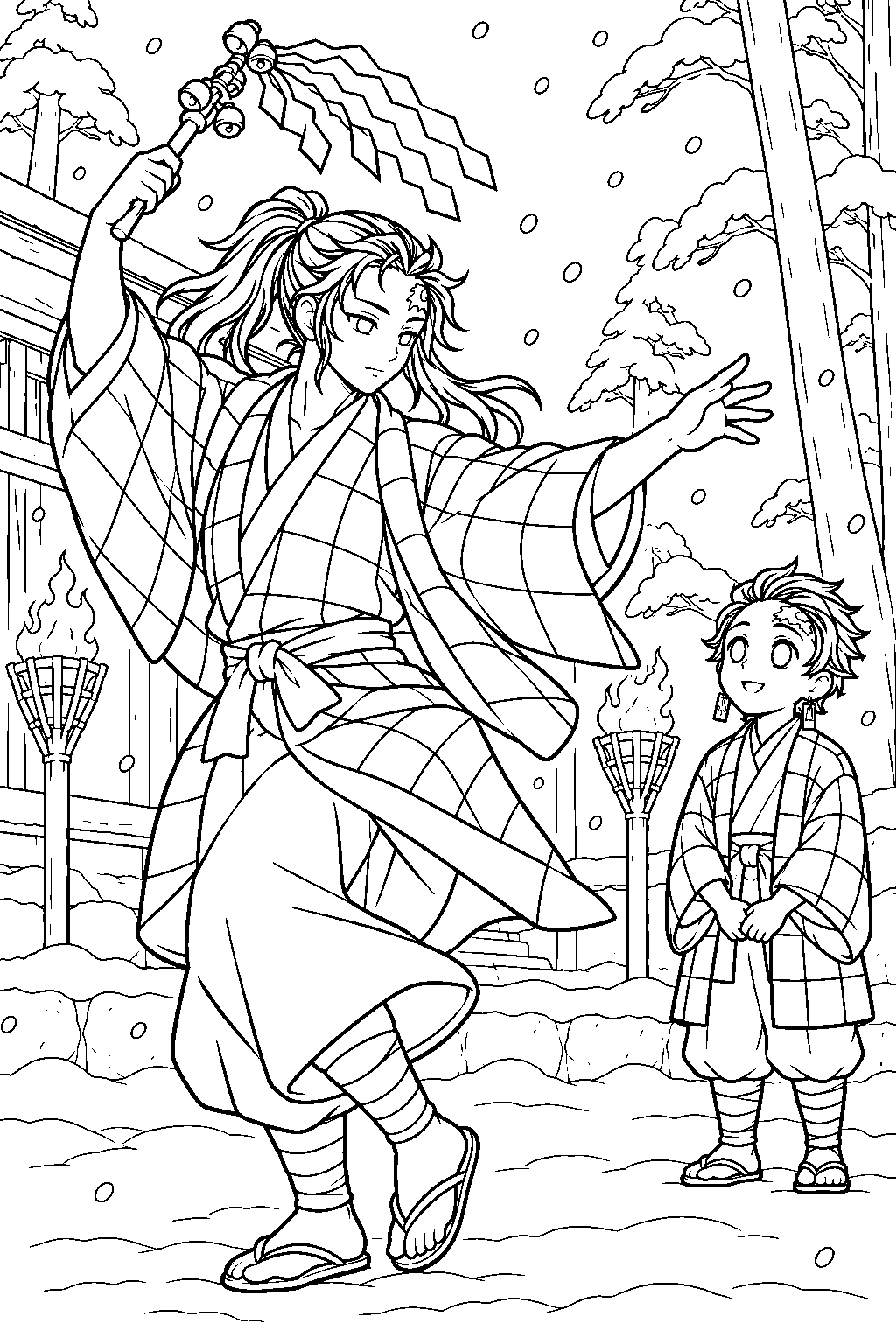 young tanjiro watching tanjuro perform the hinokami kagura dance line art