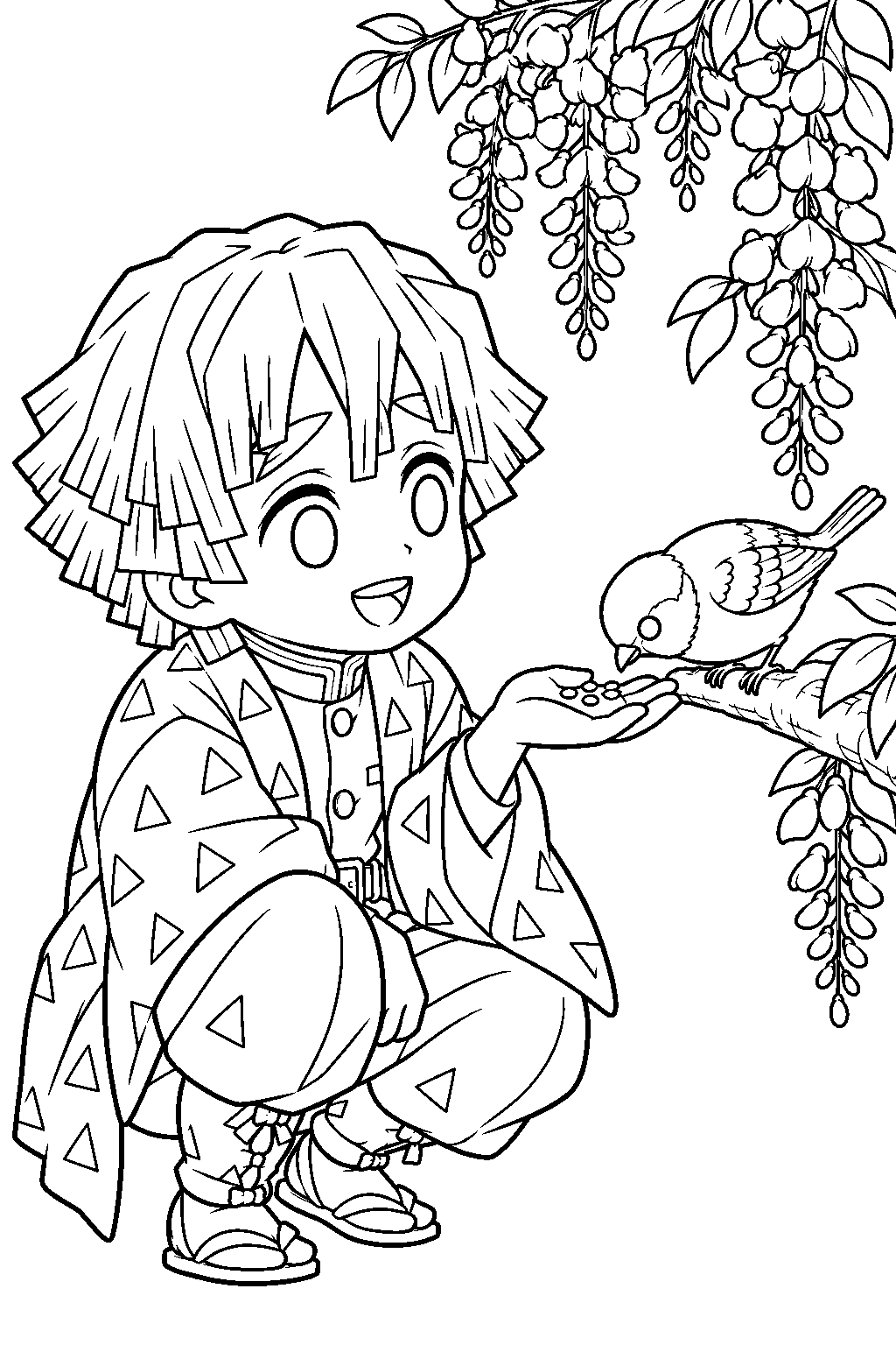 chibi zenitsu feeding chuntaro from his open palm beneath a wisteria branch line art