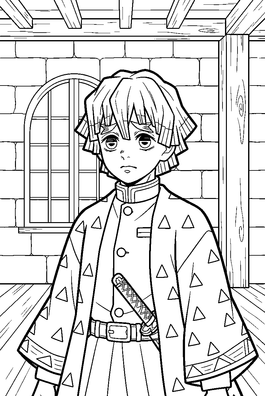demon slayer zenitsu in castle chamber line art