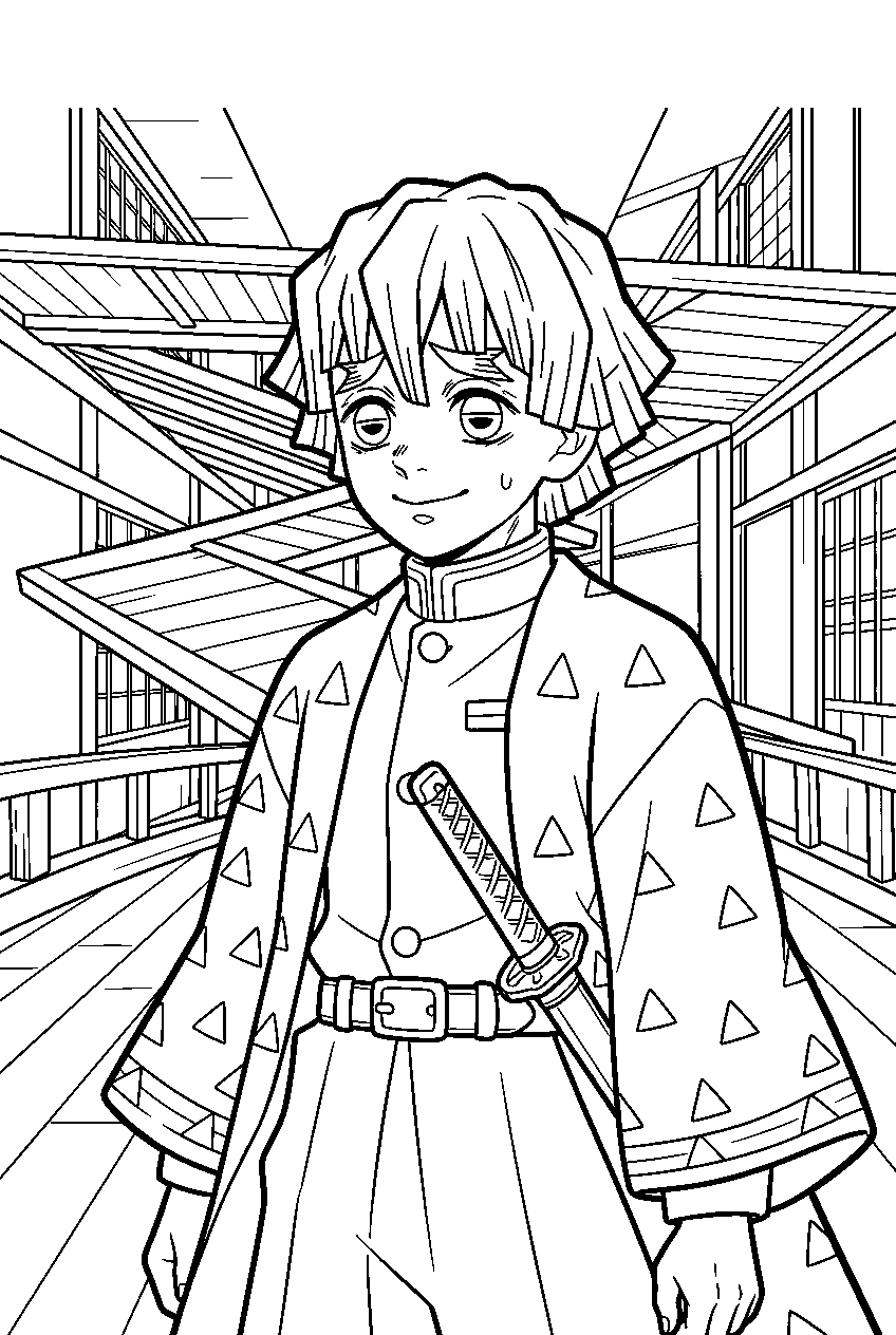 demon slayer zenitsu in shifting castle hallway line art