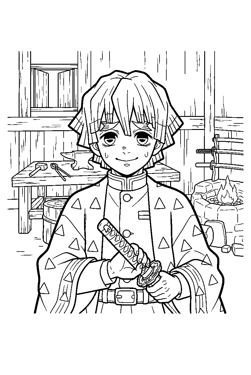 demon slayer zenitsu in swordsmith workshop line art