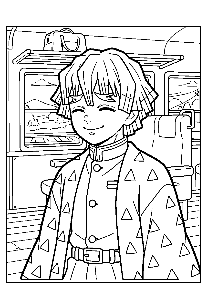 demon slayer zenitsu in train passenger car line art