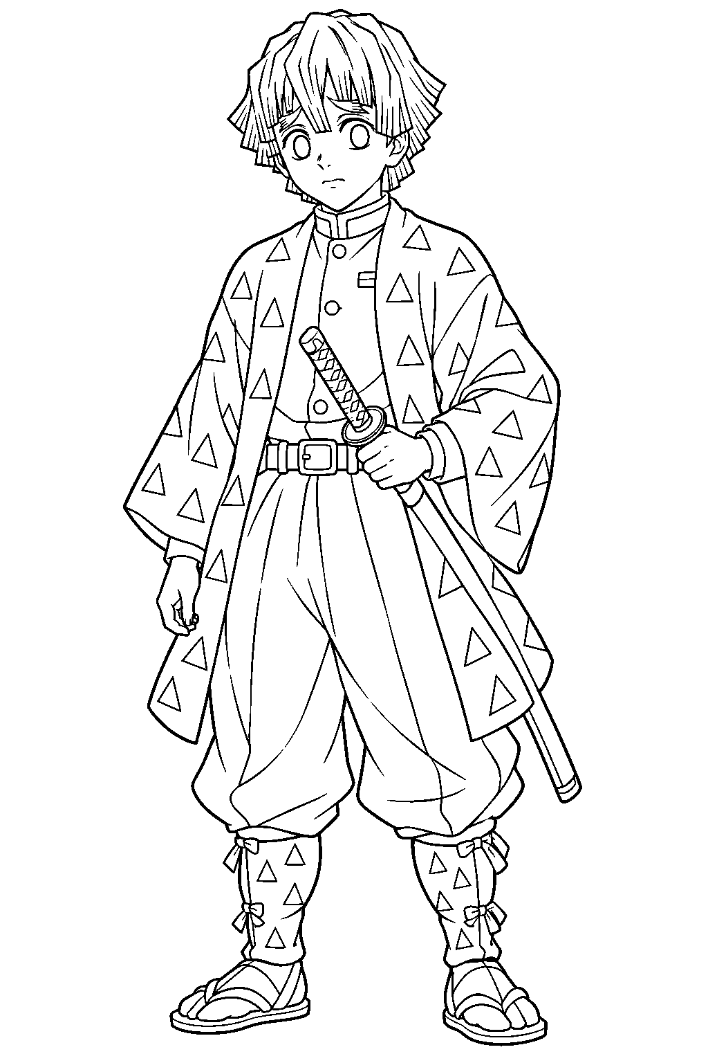 zenitsu agatsuma standing in his triangle patterned haori with his nichirin sword at his waist line art
